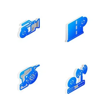 Set Isometric line Server setting, Video camera, Drill machine and Router and wi Stock Illustration