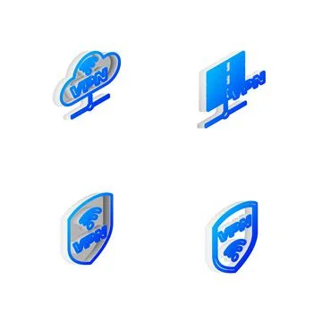 Set Isometric line Server VPN, Network cloud connection, Shield with wireless Stock Illustration