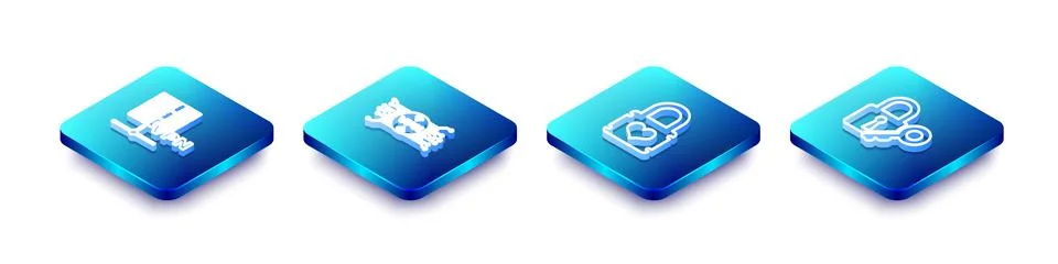 Set Isometric line Server VPN, with microchip circuit, Padlock heart and Lock Stock Illustration