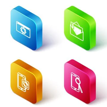 Set Isometric line Setting, Envelope, Mobile phone call and diagnostics icon Stockillustratie
