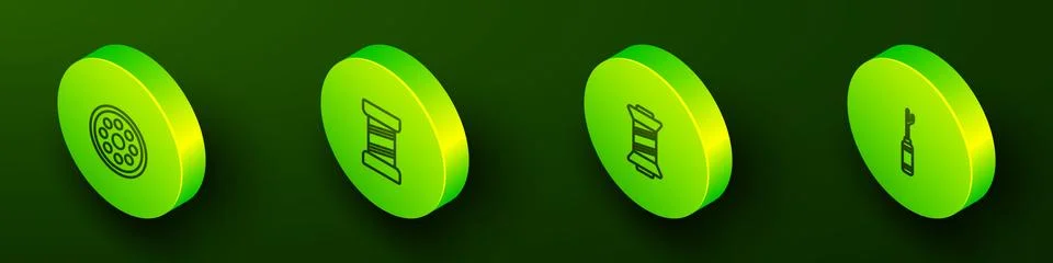 Set Isometric line Sewing button, thread, and Awl tool icon. Vector Illustrazione stock