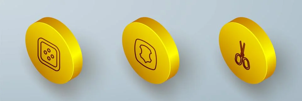 Set Isometric line Sewing button for clothes, Leather and Scissors icon. Vector 스톡 일러스트