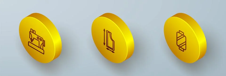 Set Isometric line Sewing machine, pattern and thread on spool icon. Vector Stock Illustration