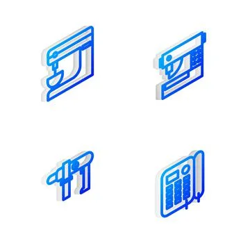 Set Isometric line Sewing machine, Electric mixer, drill and Telephone icon Illustrazione stock