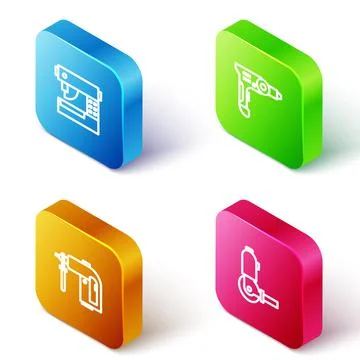 Set Isometric line Sewing machine, Electric drill, Rotary hammer and Angle Stock Illustration