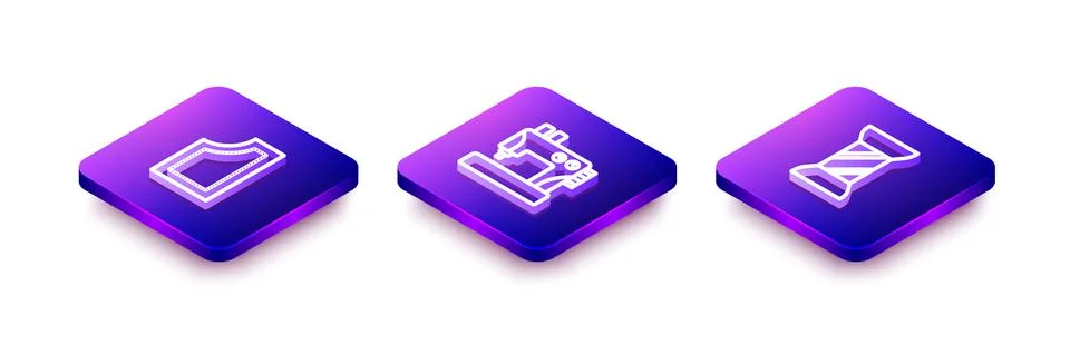Set Isometric line Sewing pattern, machine and thread on spool icon. Vector Stock Illustration