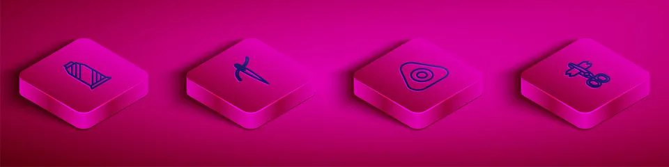 Set Isometric line Sewing thread on spool, Needle with, chalk and Scissors icon Illustrazione stock