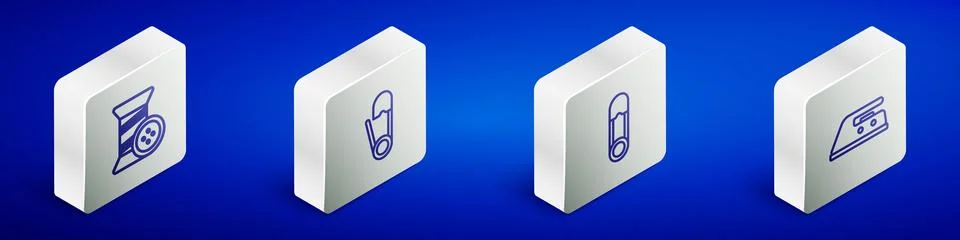 Set Isometric line Sewing thread and button, Safety pin, and Electric iron icon Stock Illustration