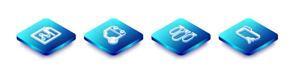 Set Isometric line Share file, Financial calendar, Aviation bombs and folder Illustration