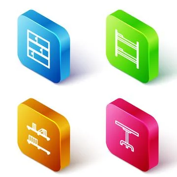 Set Isometric line Shelf, Bunk bed, with books and Round table icon. Vector Stock Illustration