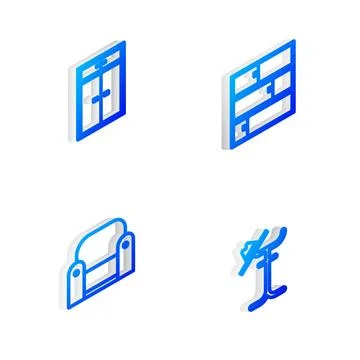 Set Isometric line Shelf, Wardrobe, Armchair and Coat stand icon. Vector Stock Illustration