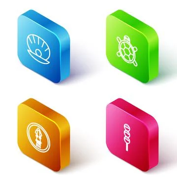 Set Isometric line Shell with pearl, Turtle, Octopus on plate and Takoyaki stick イラスト素材