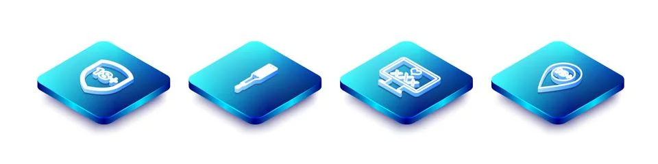 Set Isometric line Shield with 18 plus, Spanking paddle, Monitor content and Stock-Illustration
