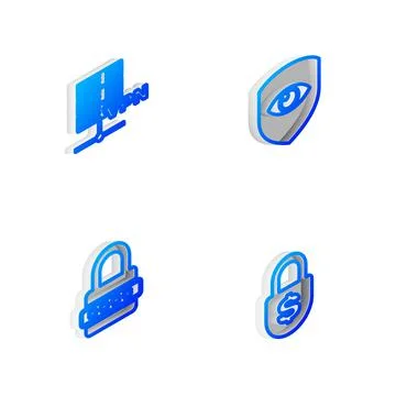 Set Isometric line Shield and eye, Server VPN, Password protection and Money Stock Illustration