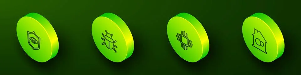 Set Isometric line Shield and eye, System bug, Processor with microcircuits.. 库存插图