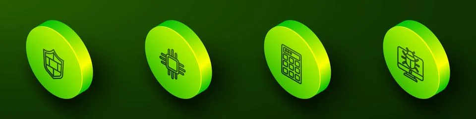 Set Isometric line Shield with brick wall, Processor microcircuits CPU, Password 库存插图