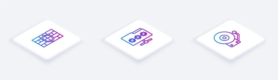 Set Isometric line Shield with brick wall, Folder password and Ringing alarm Stock Illustration