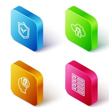 Set Isometric line Shield with check mark, Cloud computing lock, Human head and 스톡 일러스트