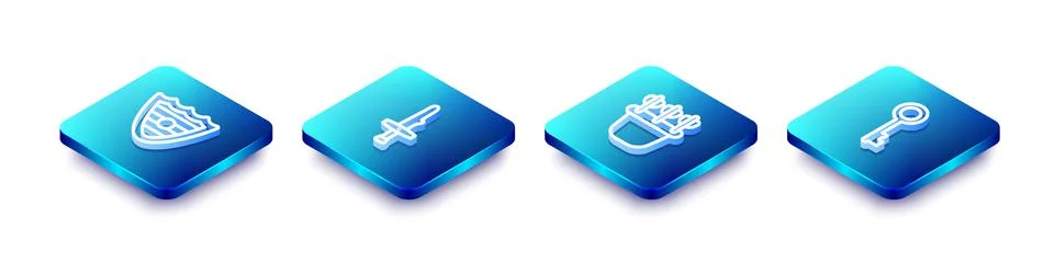 Set Isometric line Shield, Dagger, Quiver with arrows and Old key icon. Vector 스톡 일러스트
