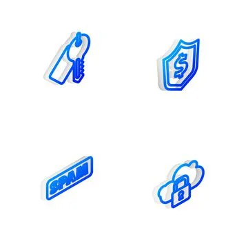 Set Isometric line Shield with dollar, Marked key, Spam and Cloud computing lock 스톡 일러스트