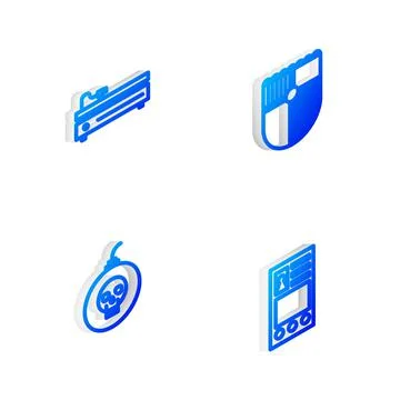 Set Isometric line Shield for game, Video console, Bomb ready to explode and Illustrazione stock