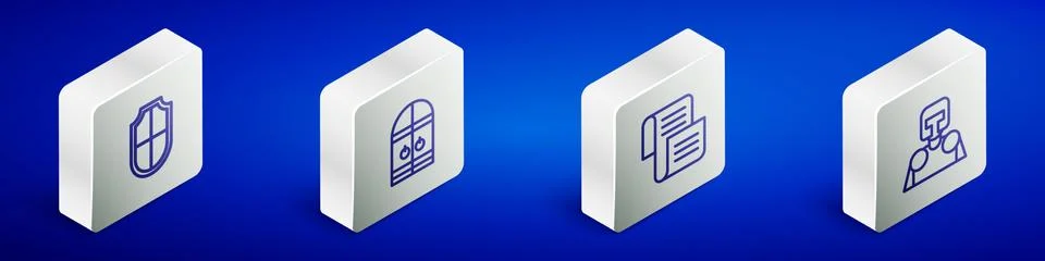 Set Isometric line Shield, Medieval castle gate, Decree, parchment, scroll and Illustrazione stock