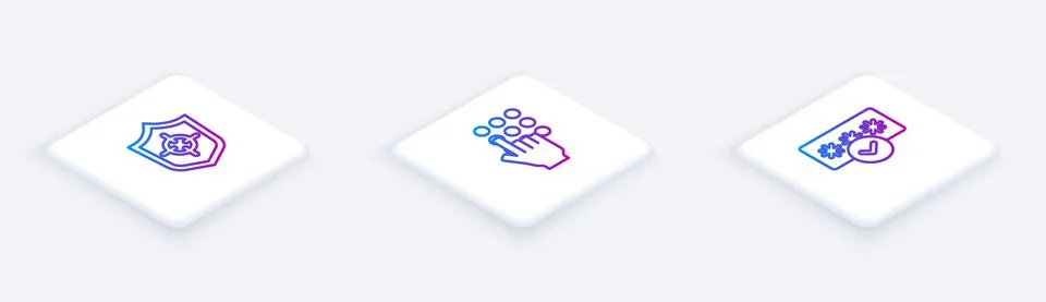 Set Isometric line Shield, Password protection and . White square button. Vector Stock Illustration