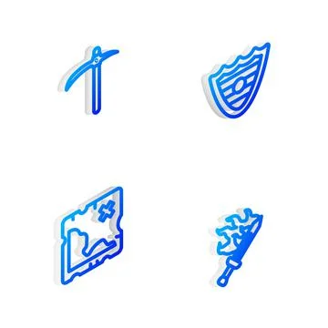 Set Isometric line Shield, Pickaxe, Pirate treasure map and Sword for game icon Stock Illustration