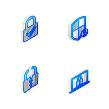 Set Isometric line Shield security with lock, Lock and check mark, Broken or Stock Illustration