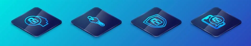 Set Isometric line Shield security with lock, Lock, Mobile closed padlock and Stock Illustration