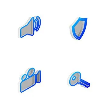 Set Isometric line Shield, Speaker volume, Movie or Video camera and Key icon Stock Illustration