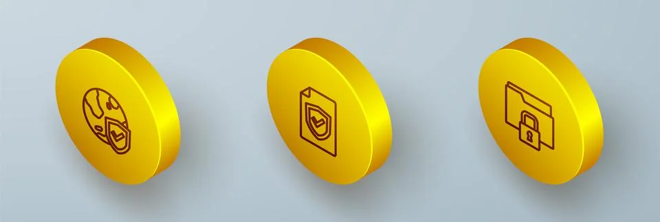 Set Isometric line Shield with world globe, Contract shield and Folder and lock Stock Illustration