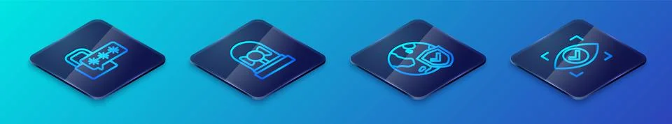 Set Isometric line Shield with world globe, Cyber security, Eye scan and Ringing Stock Illustration