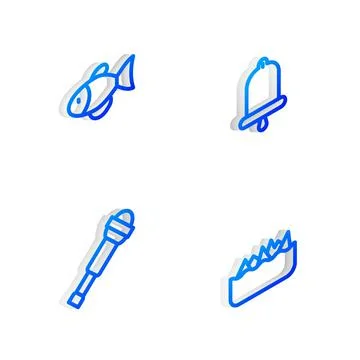 Set Isometric line Ship bell, Fish, Spyglass telescope lens and Sharp stone Stock Illustration