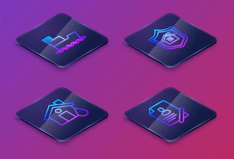 Set Isometric line Ship, House flood, with shield and Document. Blue square Stock Illustration