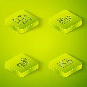 Set Isometric line Ship line path, Route location, Infographic of city map Stock Illustration
