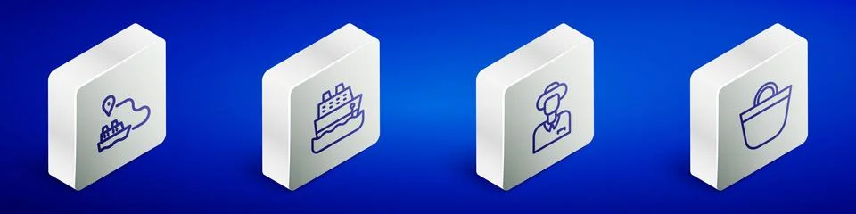Set Isometric line Ship line path, Cruise ship, Tourist and Beach bag icon... Stock Illustration