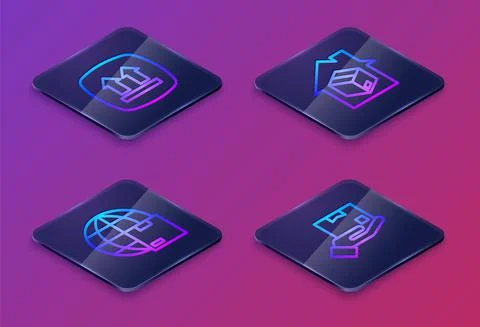 Set Isometric line This side up, Worldwide shipping, Home delivery services and Stock Illustration