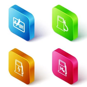 Set Isometric line Signed document, Petrol or Gas station, Electric car charging Stock Illustration