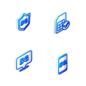 Set Isometric line Sim card, Protective shield 5G, Location network and Mobil Stock Illustration