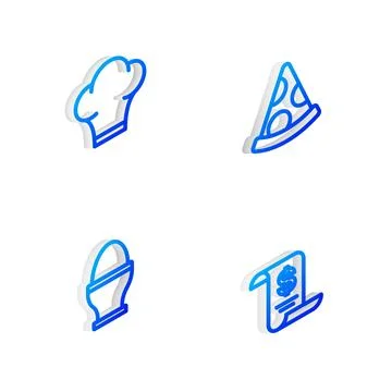 Set Isometric line Slice of pizza, Chef hat, Chicken egg on stand and Paper or Stock Illustration