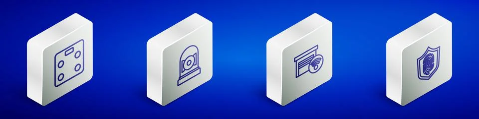 Set Isometric line Smart bathroom scales, Ringing alarm bell, garage and Ilustración de archivo