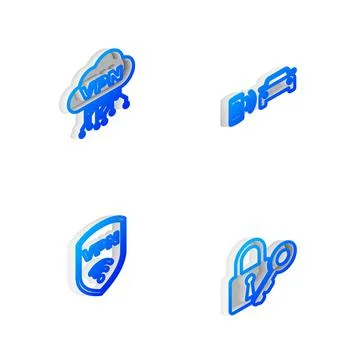 Set Isometric line Smart car alarm system, Cloud VPN interface, Shield with Stock Illustration
