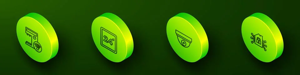 Set Isometric line Smart coffee machine, Thermostat, Motion sensor and home icon Stockillustratie