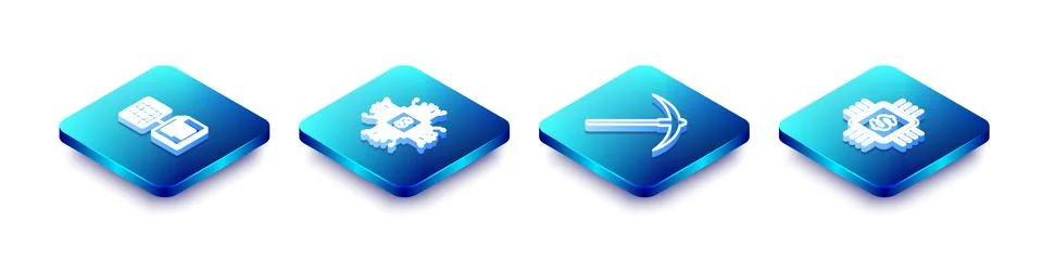 Set Isometric line Smart contract, Processor chip with dollar, Pickaxe and icon Stock Illustration