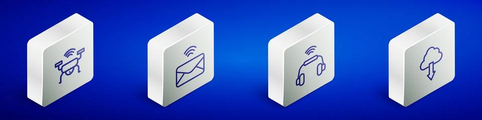 Set Isometric line Smart drone system, Mail and e-mail, headphones and Cloud Stock Illustration