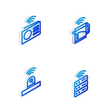 Set Isometric line Smart electric kettle, radio, security camera and server.. Stock Illustration