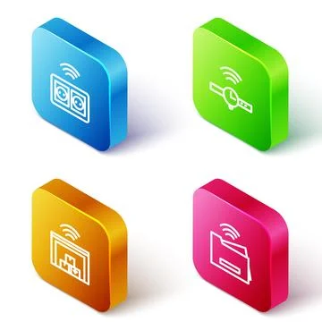 Set Isometric line Smart electrical outlet, Smartwatch, warehouse and print.. Stock Illustration