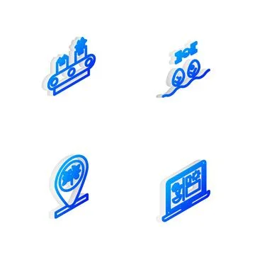 Set Isometric line Smart farm with drone, Conveyor belt box, Location and tre Stock Illustration
