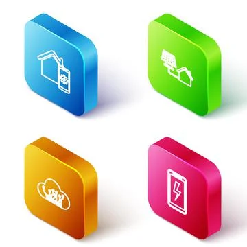 Set Isometric line Smart home remote control system, House with solar panel Stock Illustration